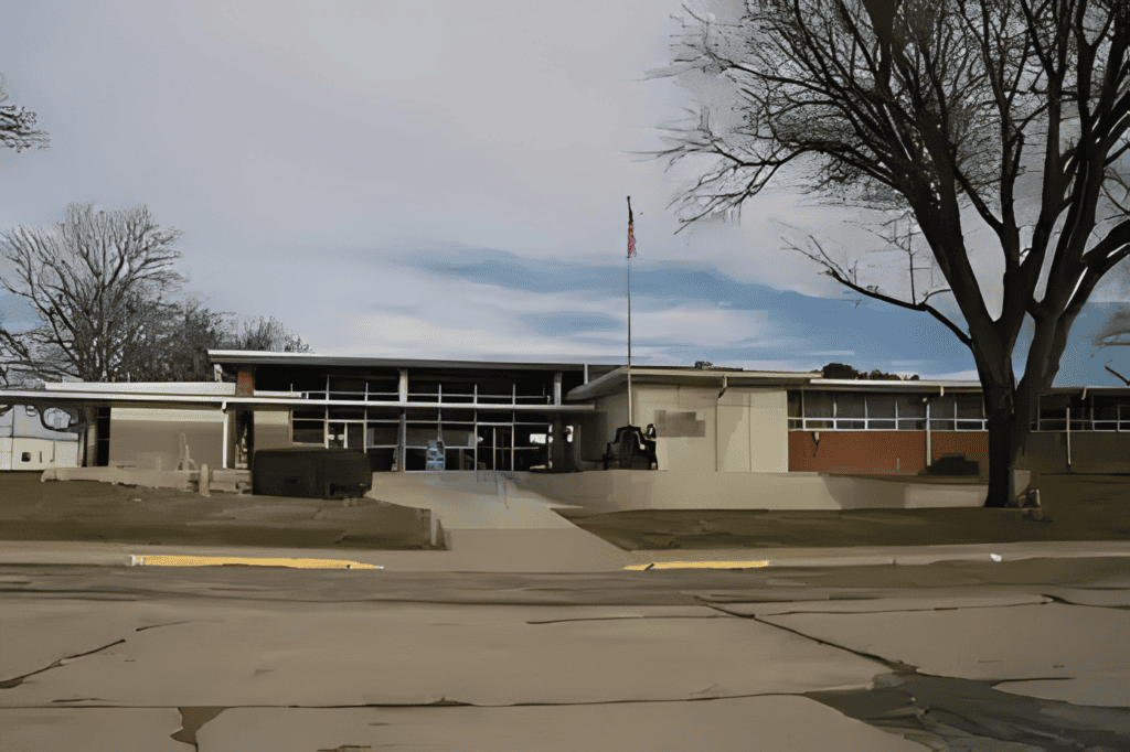 Mid-century school facade with overcast sky